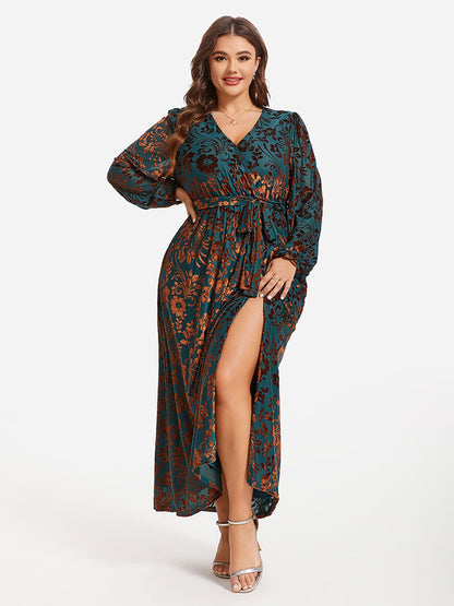 Floral Print Belted Split Wrap Velvet Maxi Dress