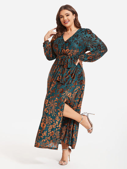 Floral Print Belted Split Wrap Velvet Maxi Dress