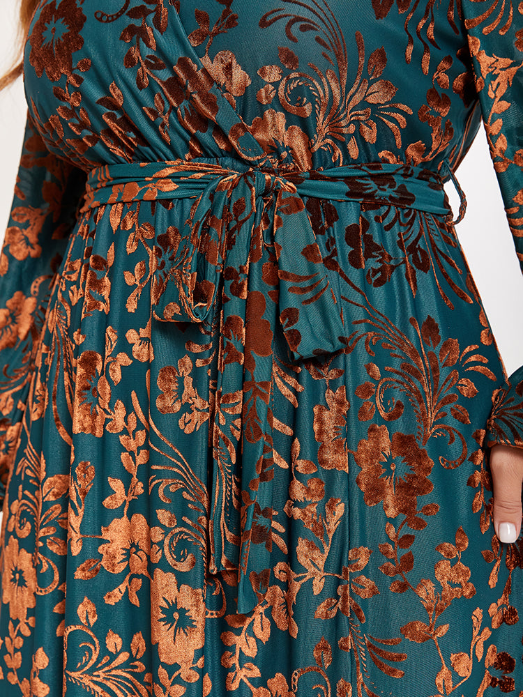 Floral Print Belted Split Wrap Velvet Maxi Dress