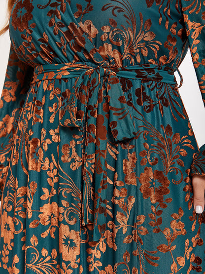 Floral Print Belted Split Wrap Velvet Maxi Dress