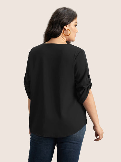 V Neck Plain Pleated Tab Sleeve Blouse