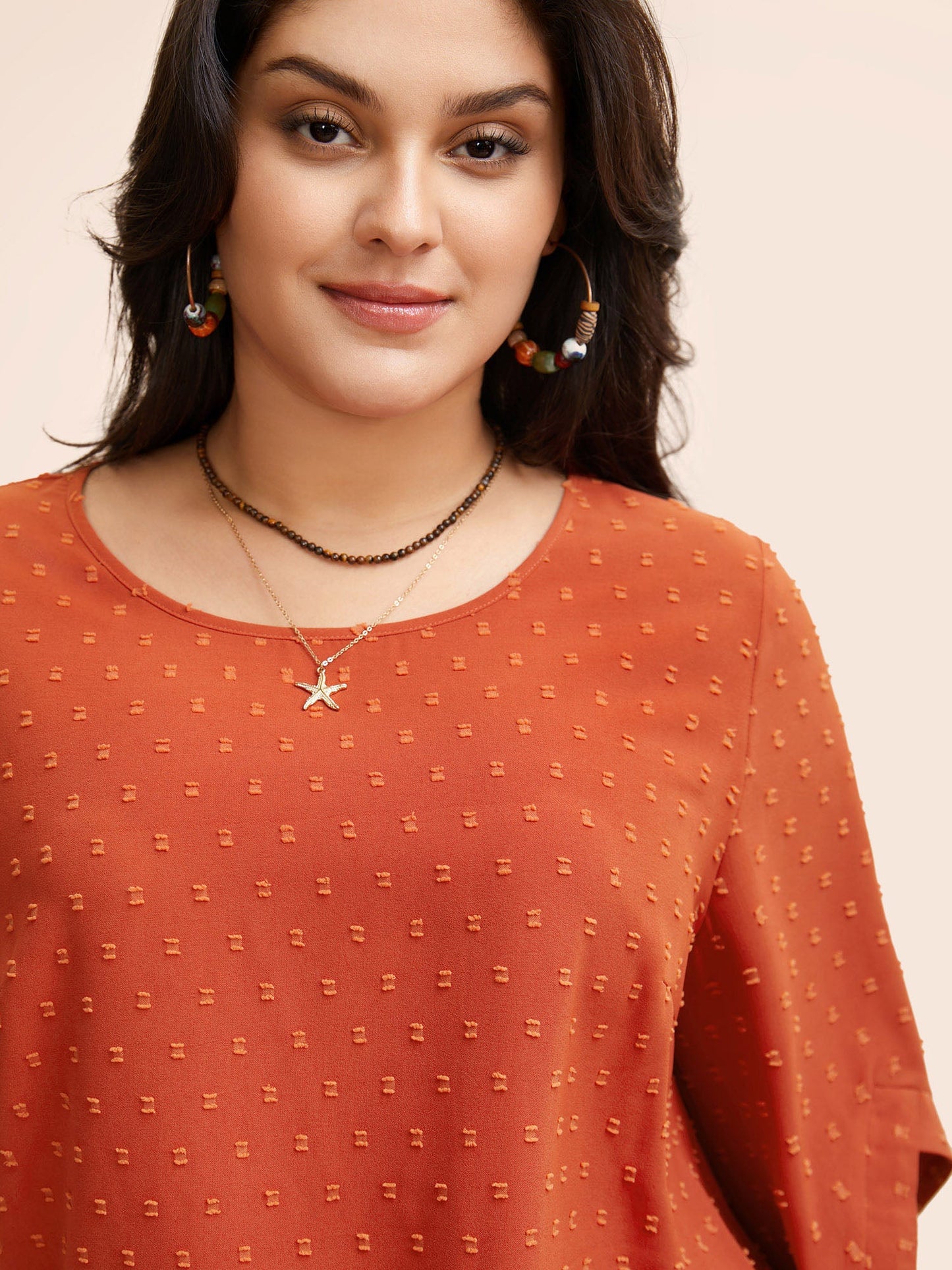 Textured Round Neck Bell Sleeve Blouse