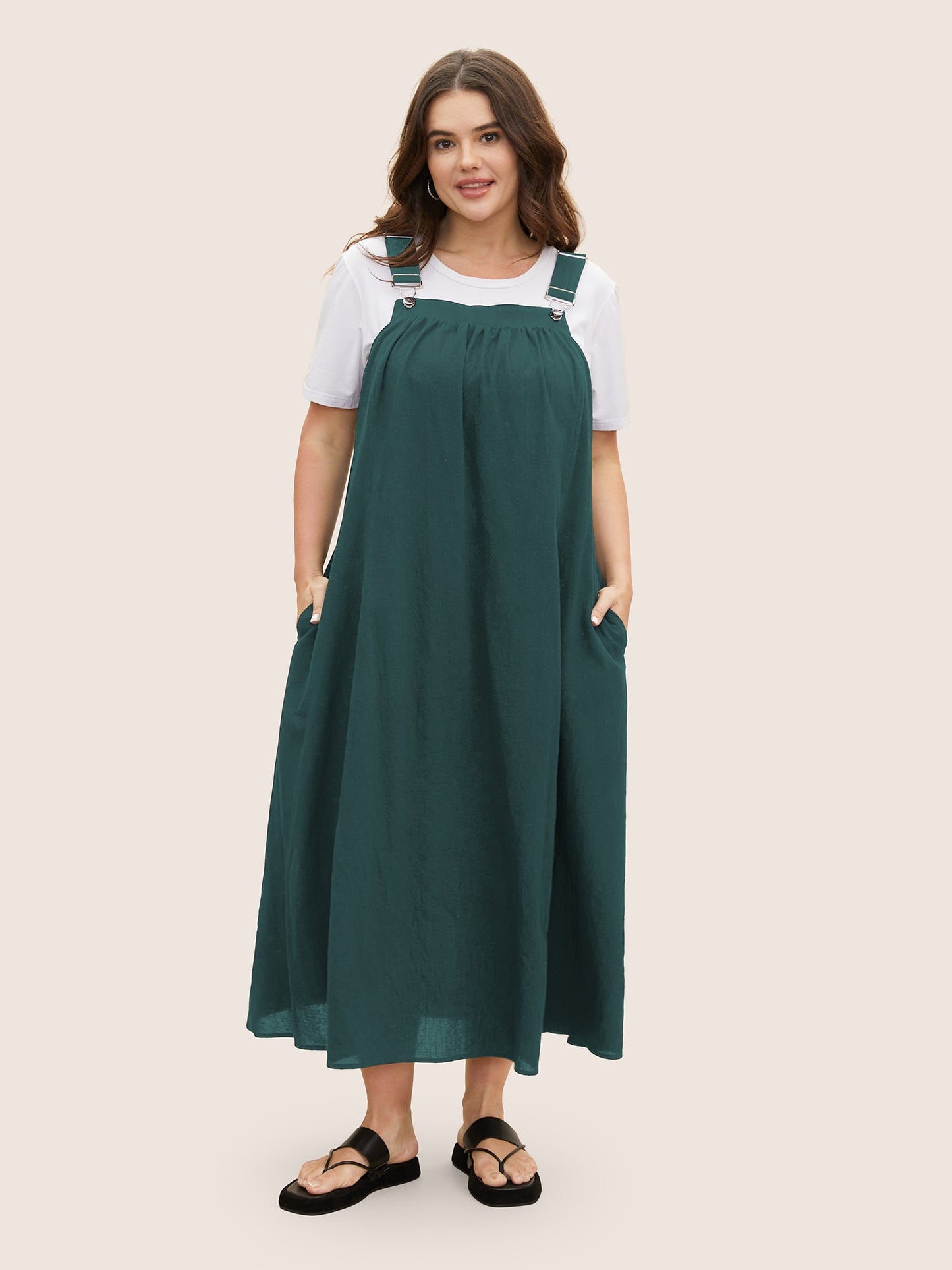 Cotton Solid Adjustable Straps Pocket Midi Dress