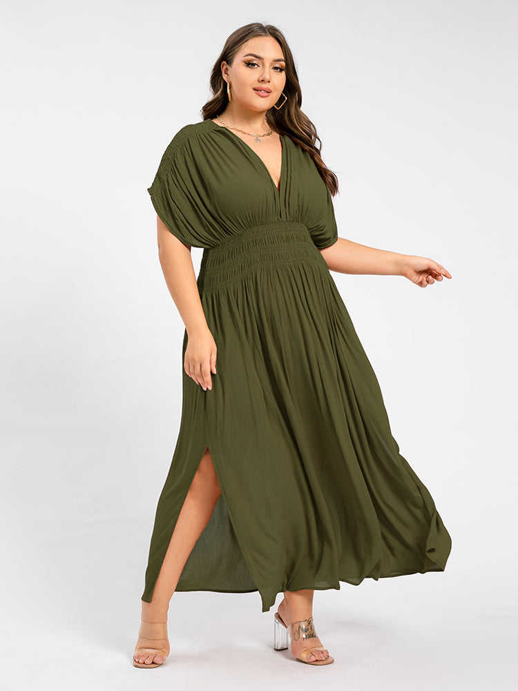 V-Neck Batwing Sleeve Pocket Ruched Waist Maxi Dress