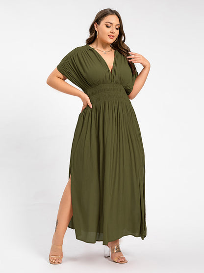 V-Neck Batwing Sleeve Pocket Ruched Waist Maxi Dress