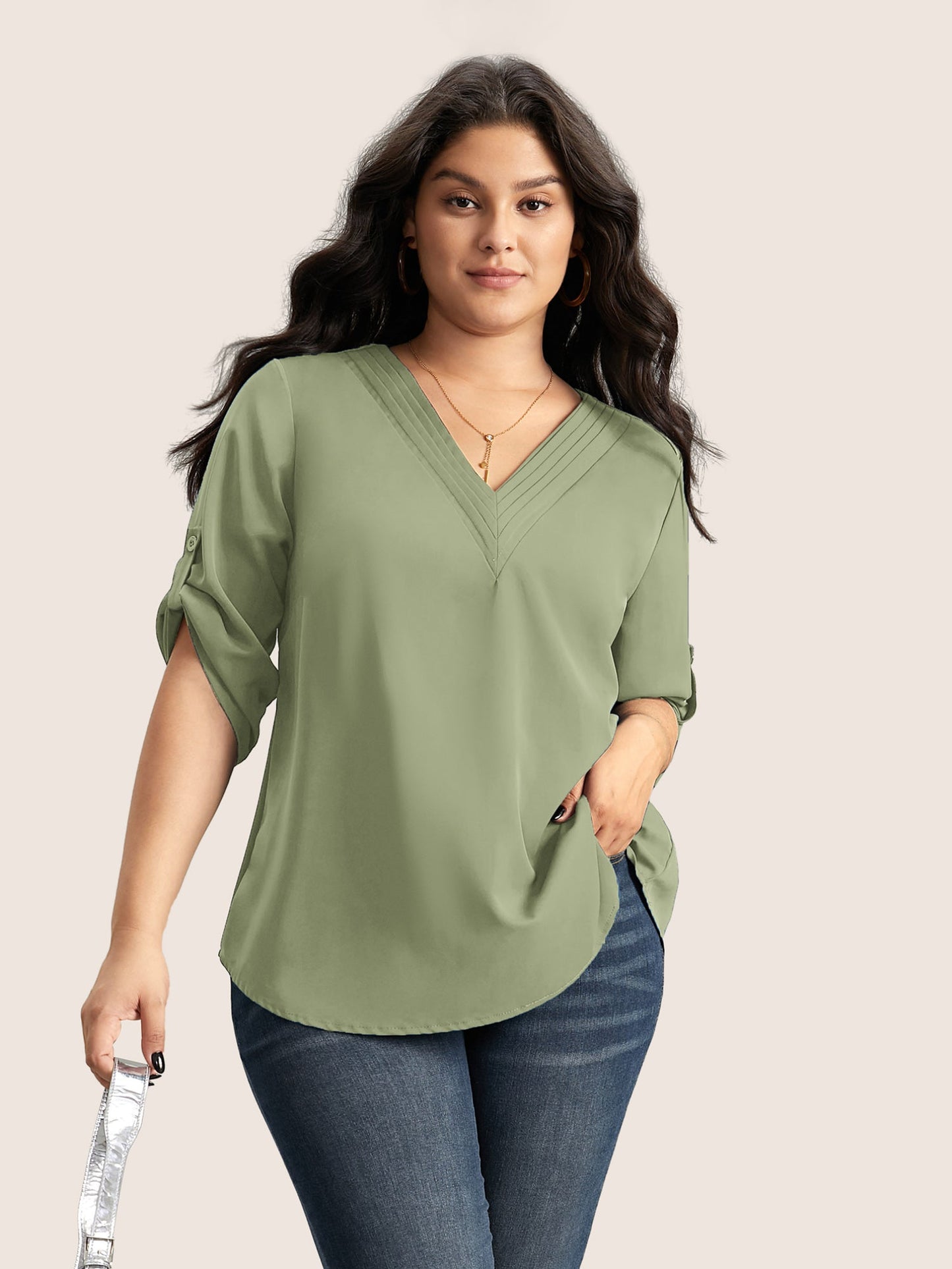 V Neck Plain Pleated Tab Sleeve Blouse