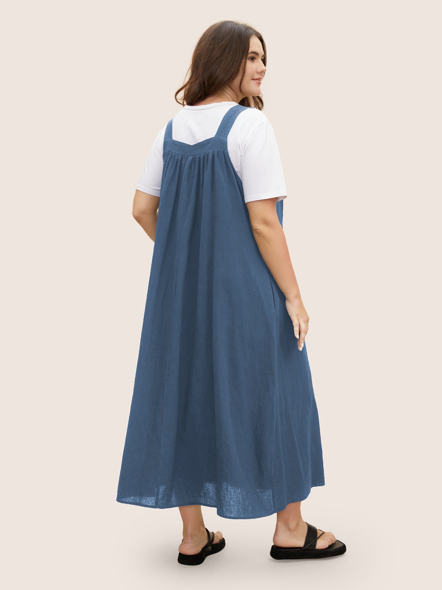 Cotton Solid Adjustable Straps Pocket Midi Dress