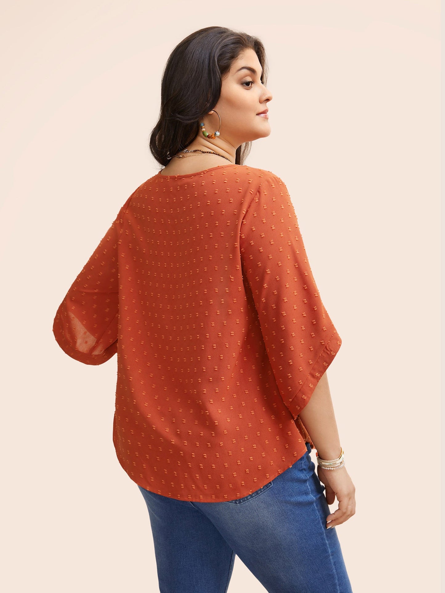 Textured Round Neck Bell Sleeve Blouse