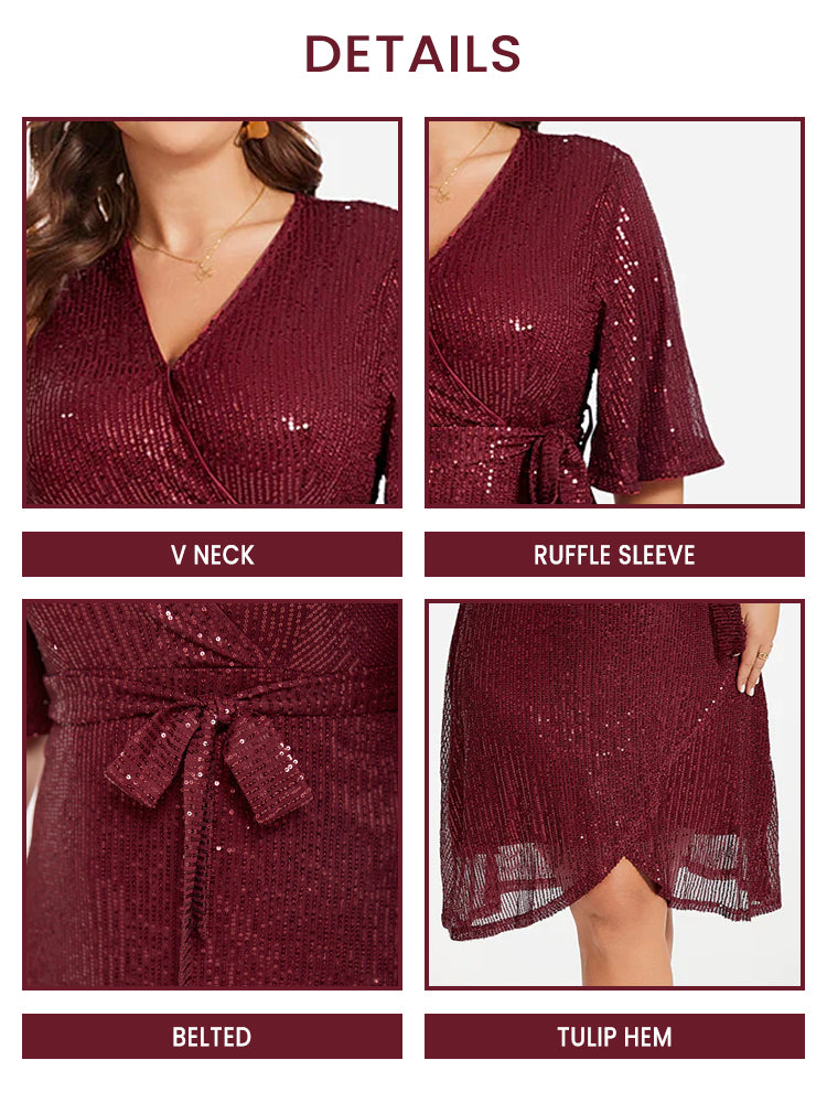 V-Neck Belted Tulip Hem Sequin Midi Dress