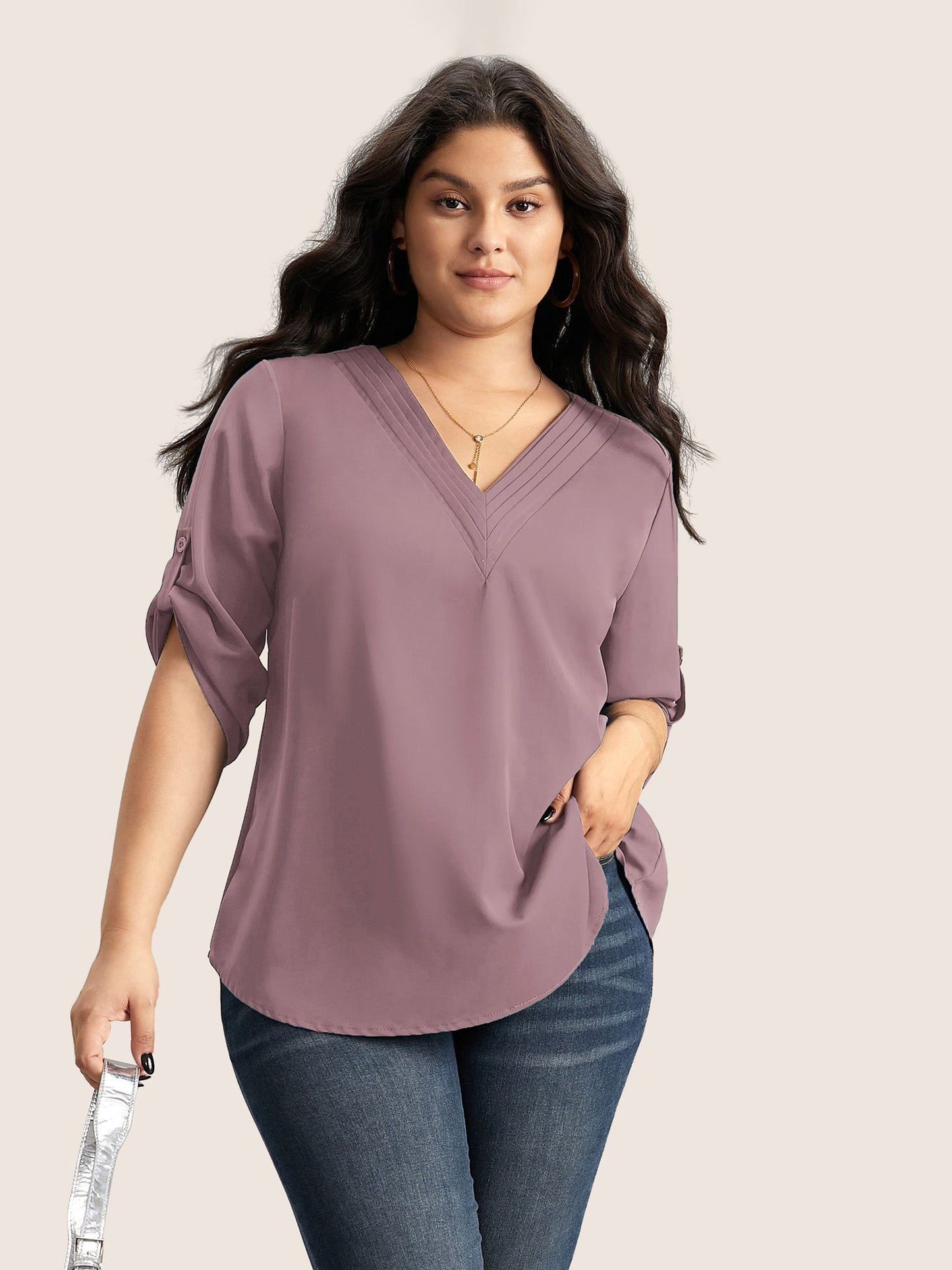 V Neck Plain Pleated Tab Sleeve Blouse