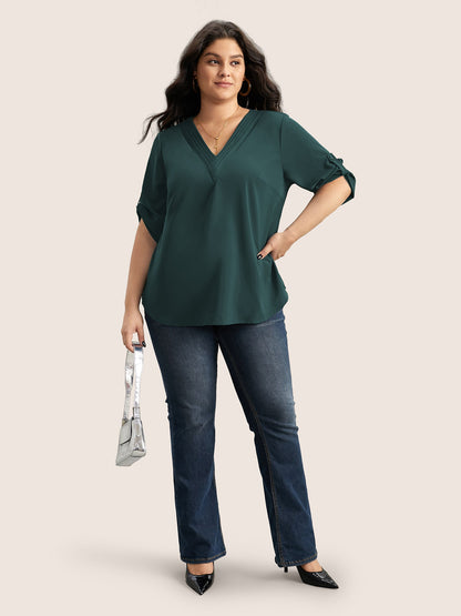 V Neck Plain Pleated Tab Sleeve Blouse