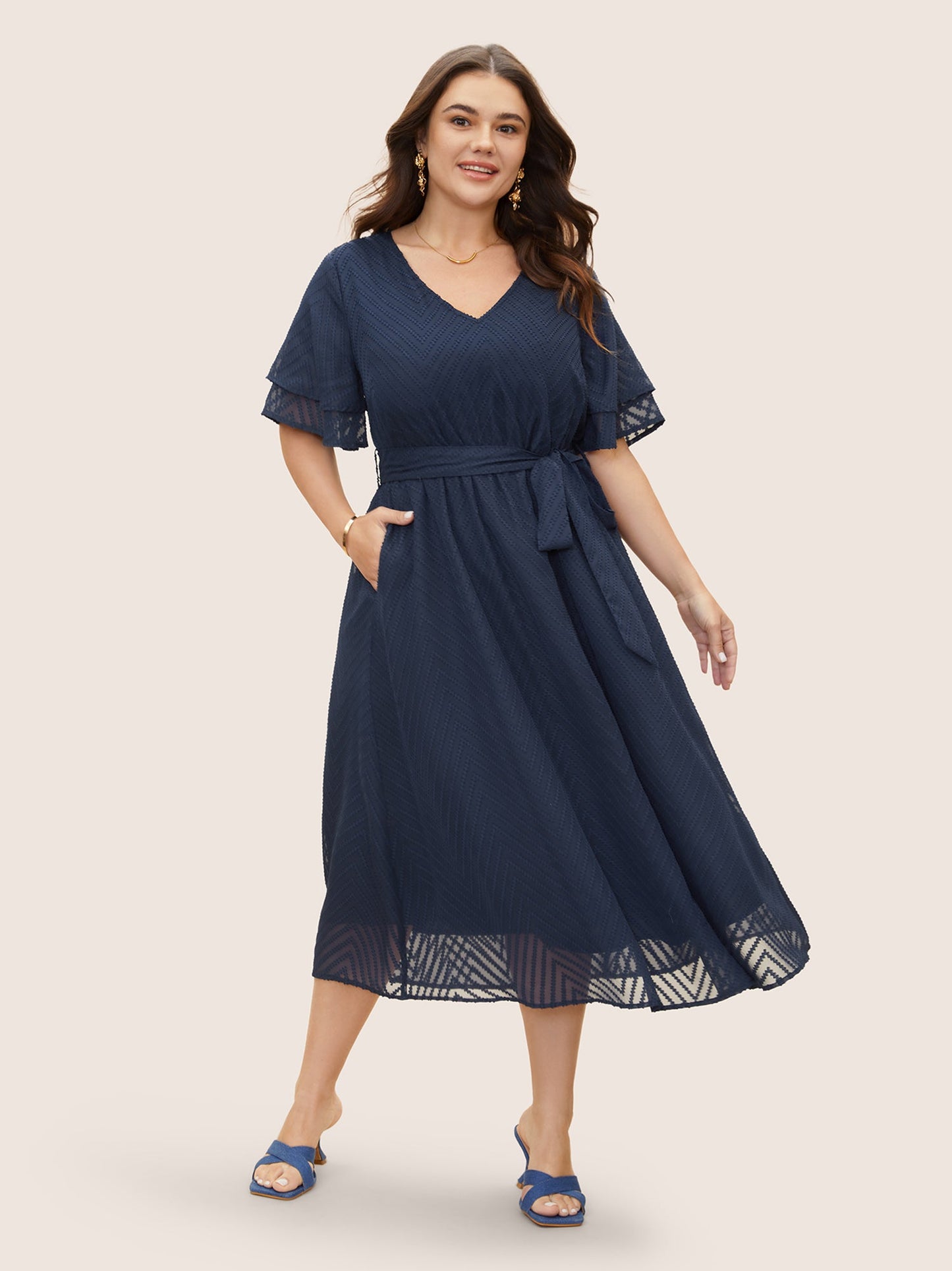 Texture Tiered Ruffle Sleeve See Through Dress