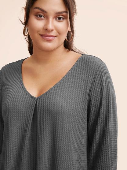 Plain Waffle Knit Scoop Neck Plicated Detail T-shirt