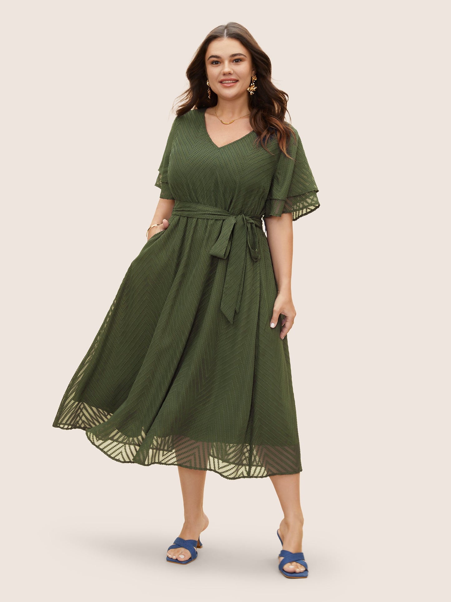 Texture Tiered Ruffle Sleeve See Through Dress