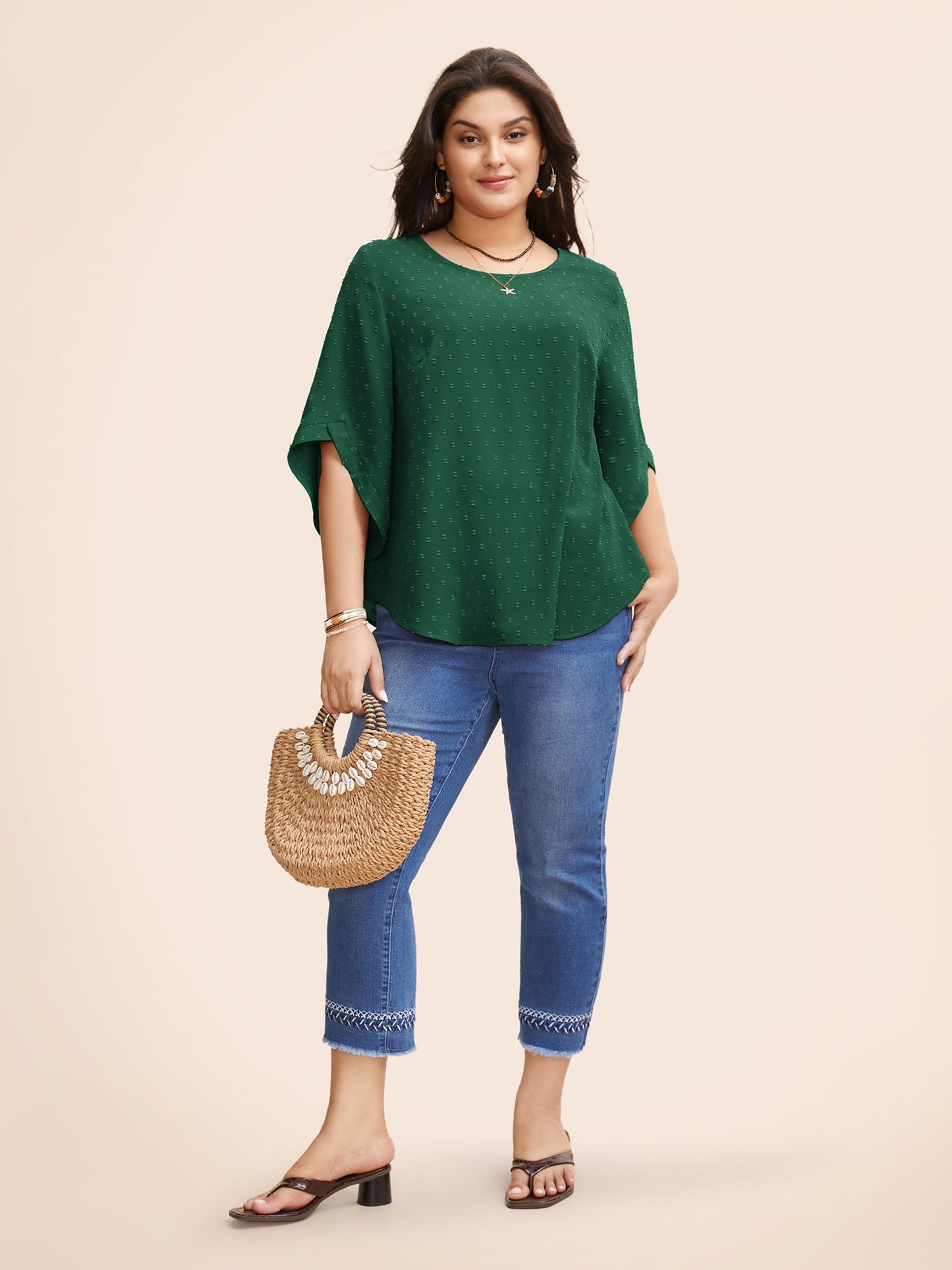 Textured Round Neck Bell Sleeve Blouse