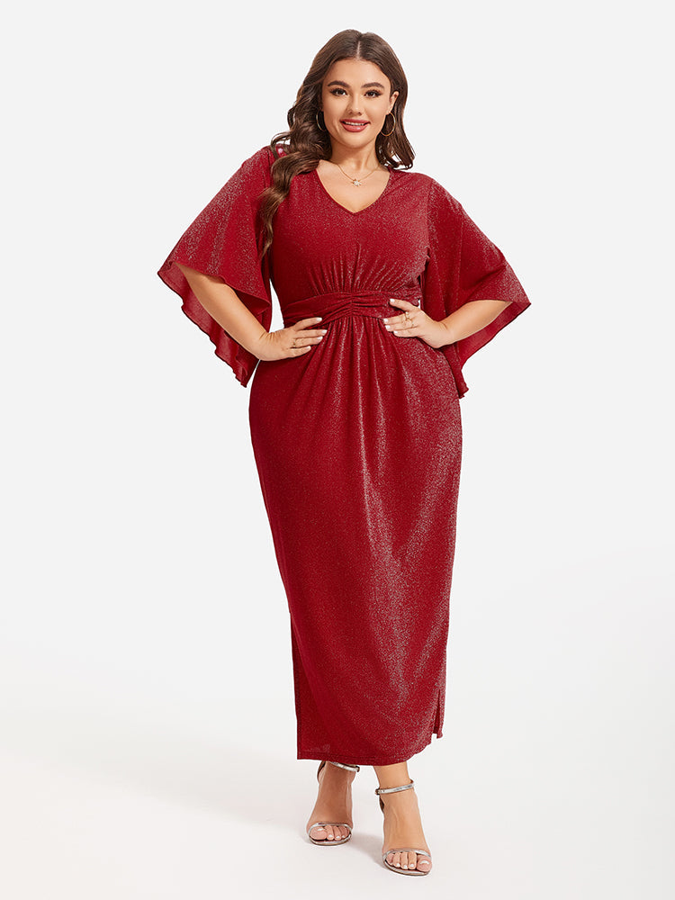 Flare Sleeve Ruched Waist Glitter Maxi Dress