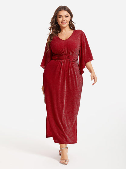 Flare Sleeve Ruched Waist Glitter Maxi Dress