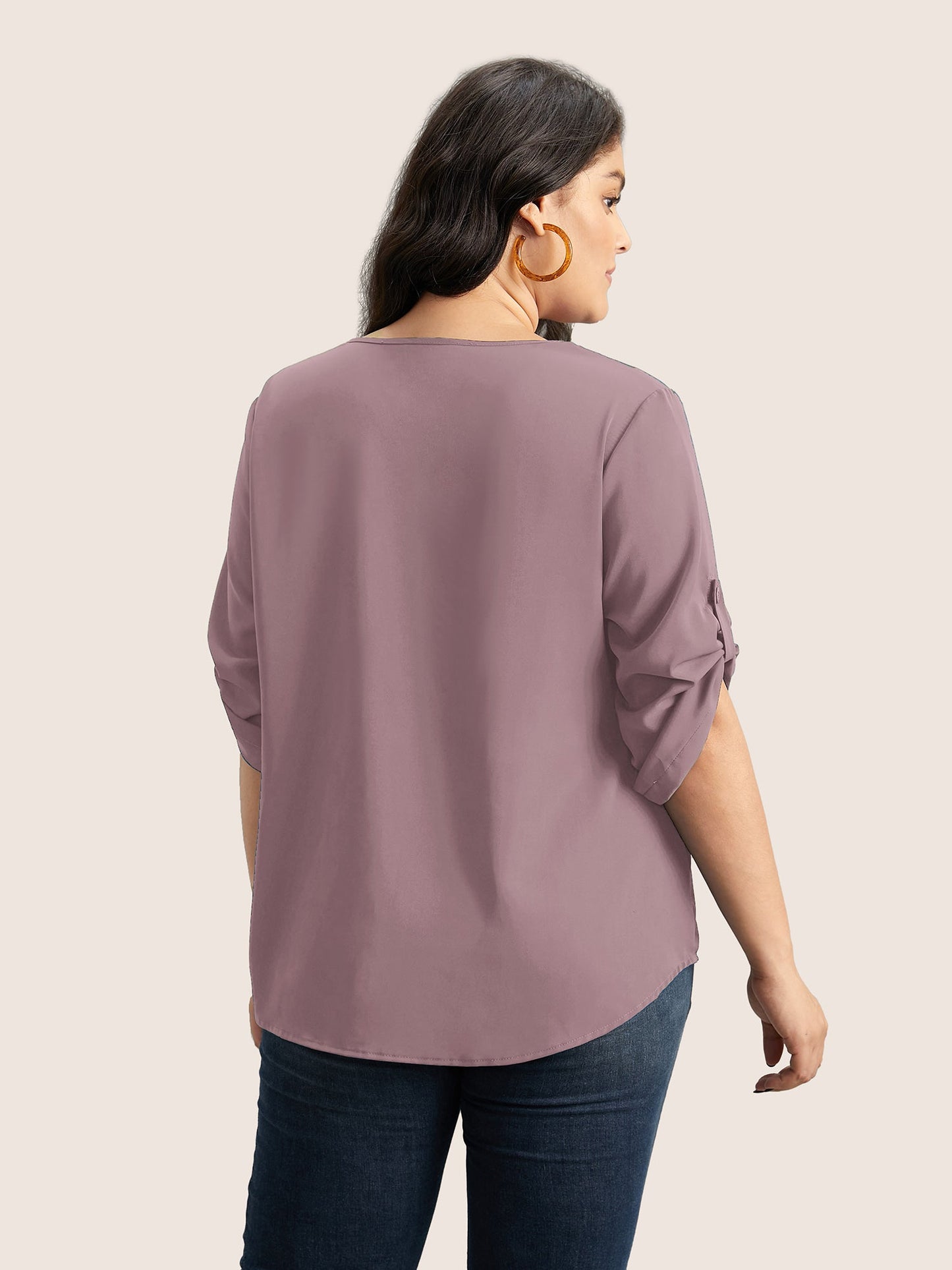 V Neck Plain Pleated Tab Sleeve Blouse