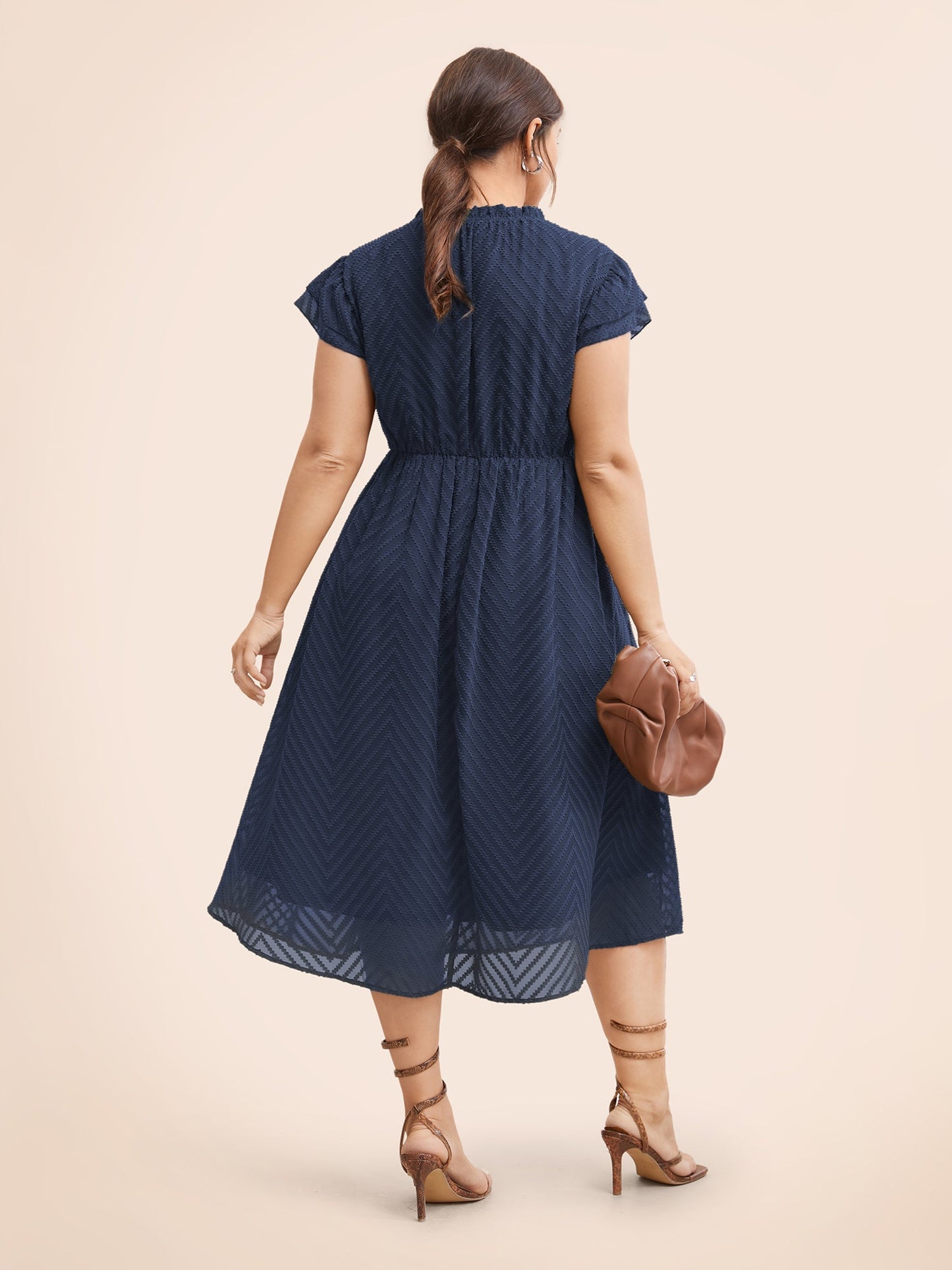 Plain Geometric Layered Sleeve Pocket Ruffle Mock Neck Dress