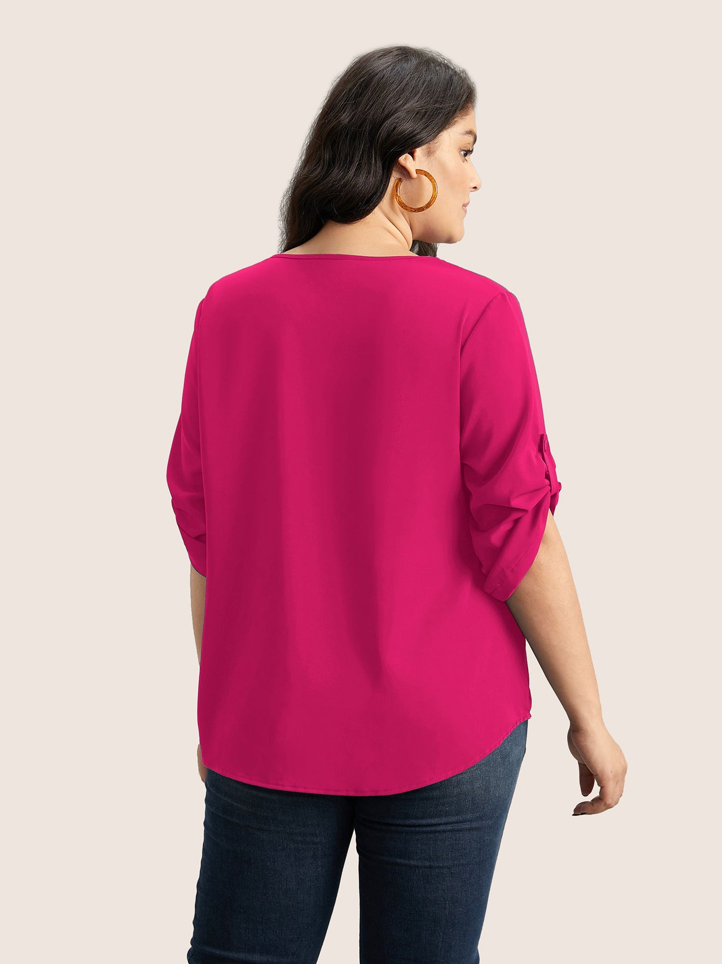 V Neck Plain Pleated Tab Sleeve Blouse