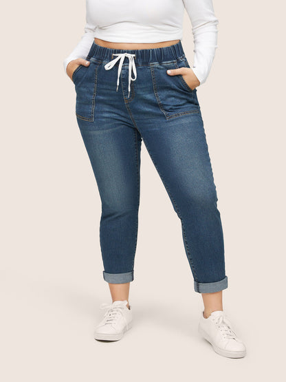 Drawstring Elastic Waist Roll Hem Jeans