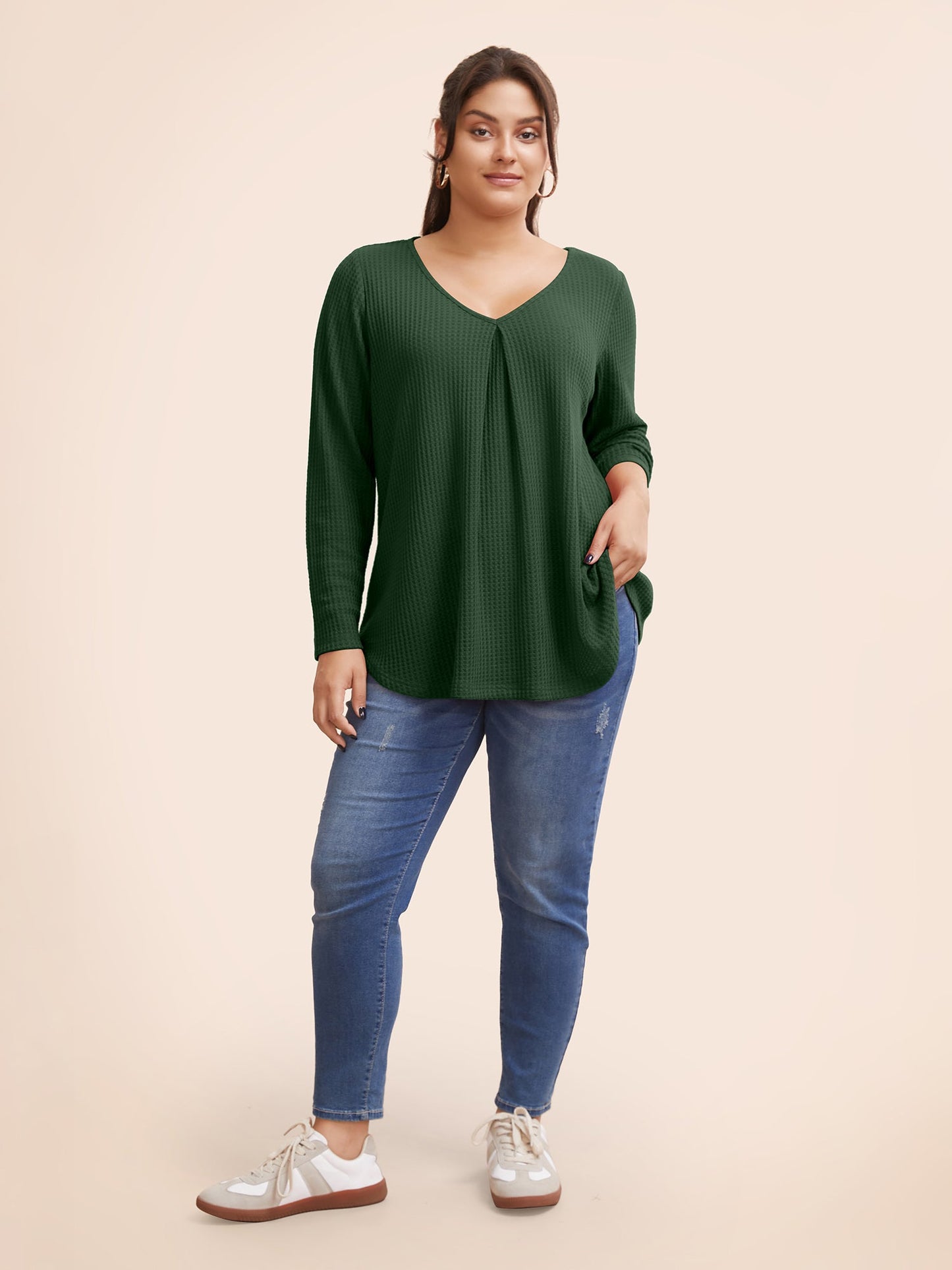 Plain Waffle Knit Scoop Neck Plicated Detail T-shirt