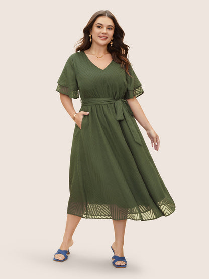 Texture Tiered Ruffle Sleeve See Through Dress