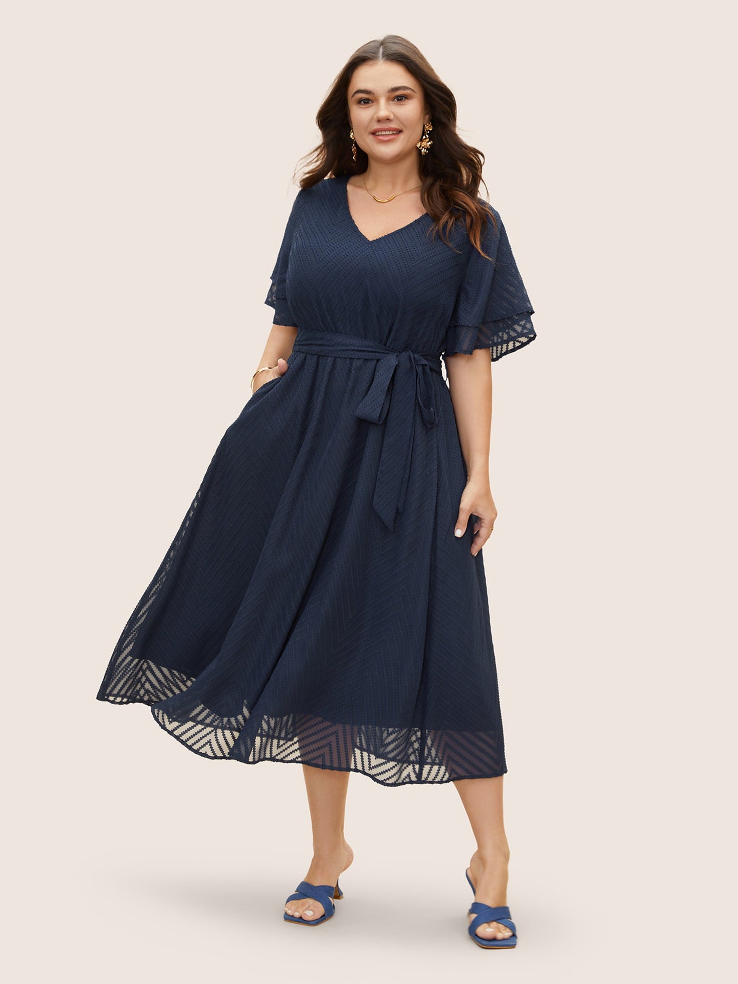 Texture Tiered Ruffle Sleeve See Through Dress