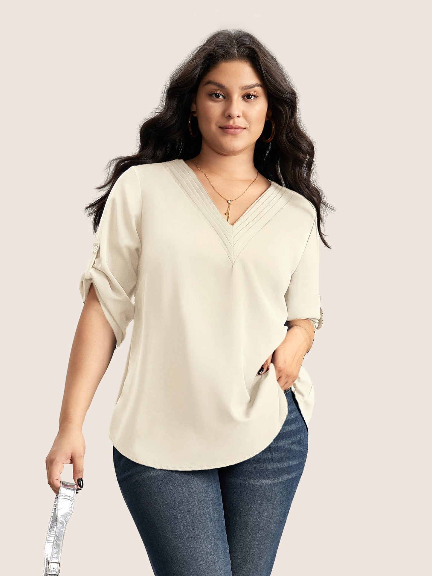 V Neck Plain Pleated Tab Sleeve Blouse