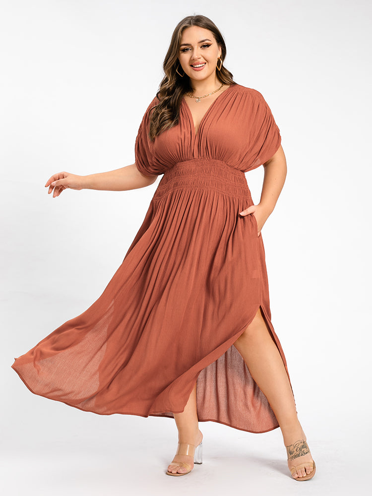 V-Neck Batwing Sleeve Pocket Ruched Waist Maxi Dress