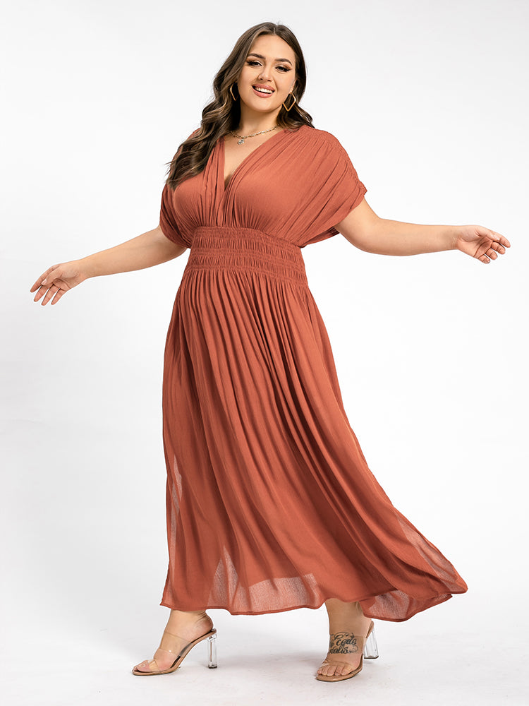 V-Neck Batwing Sleeve Pocket Ruched Waist Maxi Dress