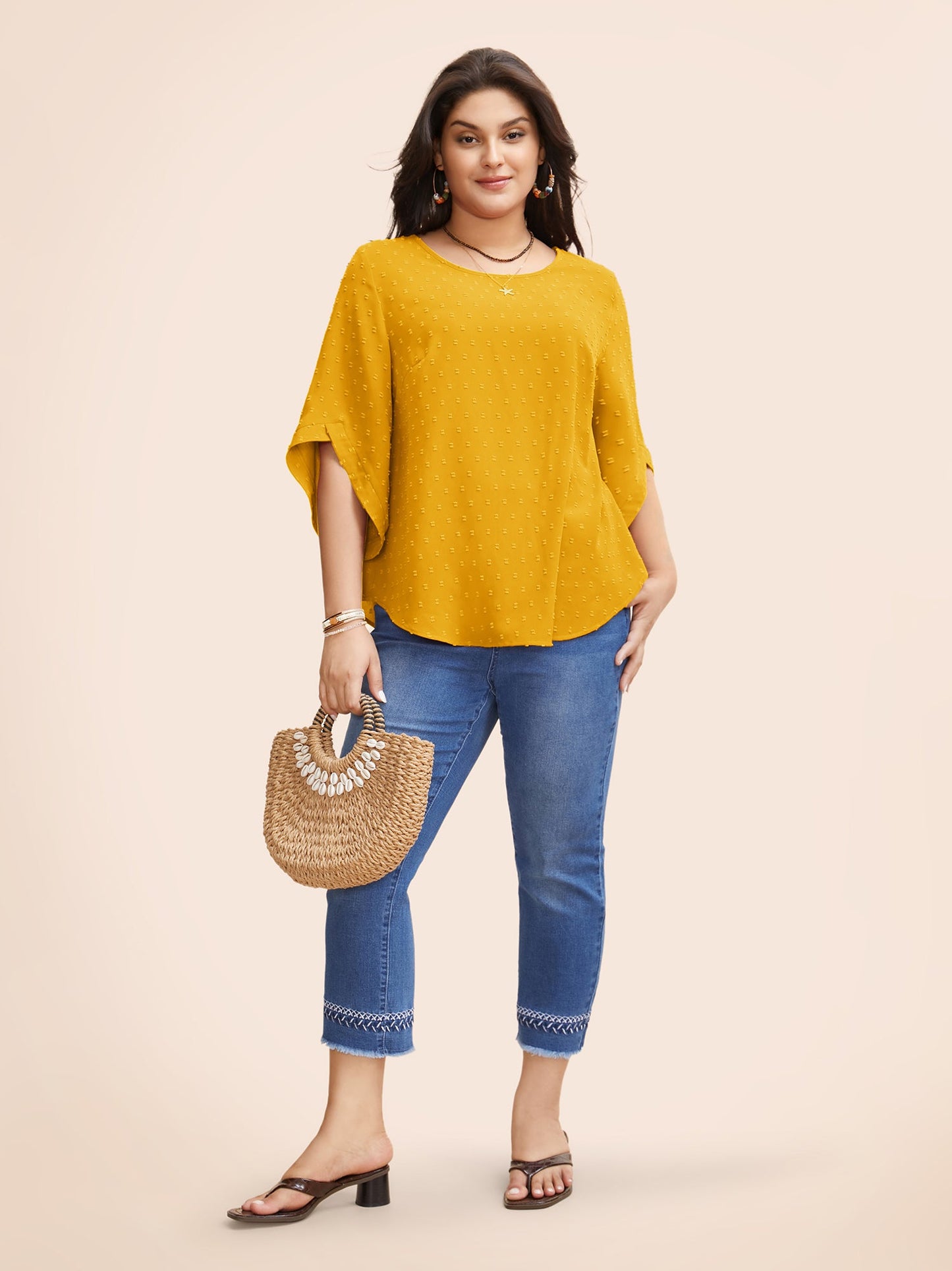 Textured Round Neck Bell Sleeve Blouse