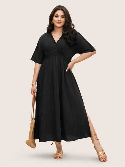 V Neck Shirred Contrast Webbing Split Side Dress