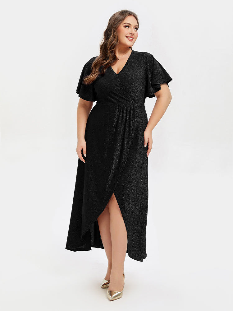 V-Neck Ruffle Sleeve Split Glitter Maxi Dress