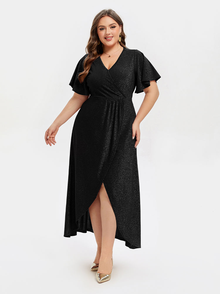 V-Neck Ruffle Sleeve Split Glitter Maxi Dress