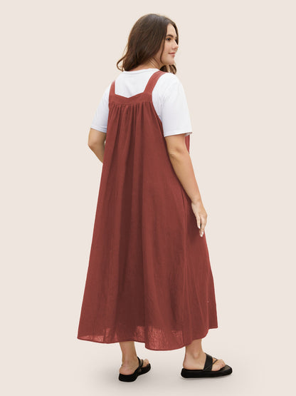 Cotton Solid Adjustable Straps Pocket Midi Dress