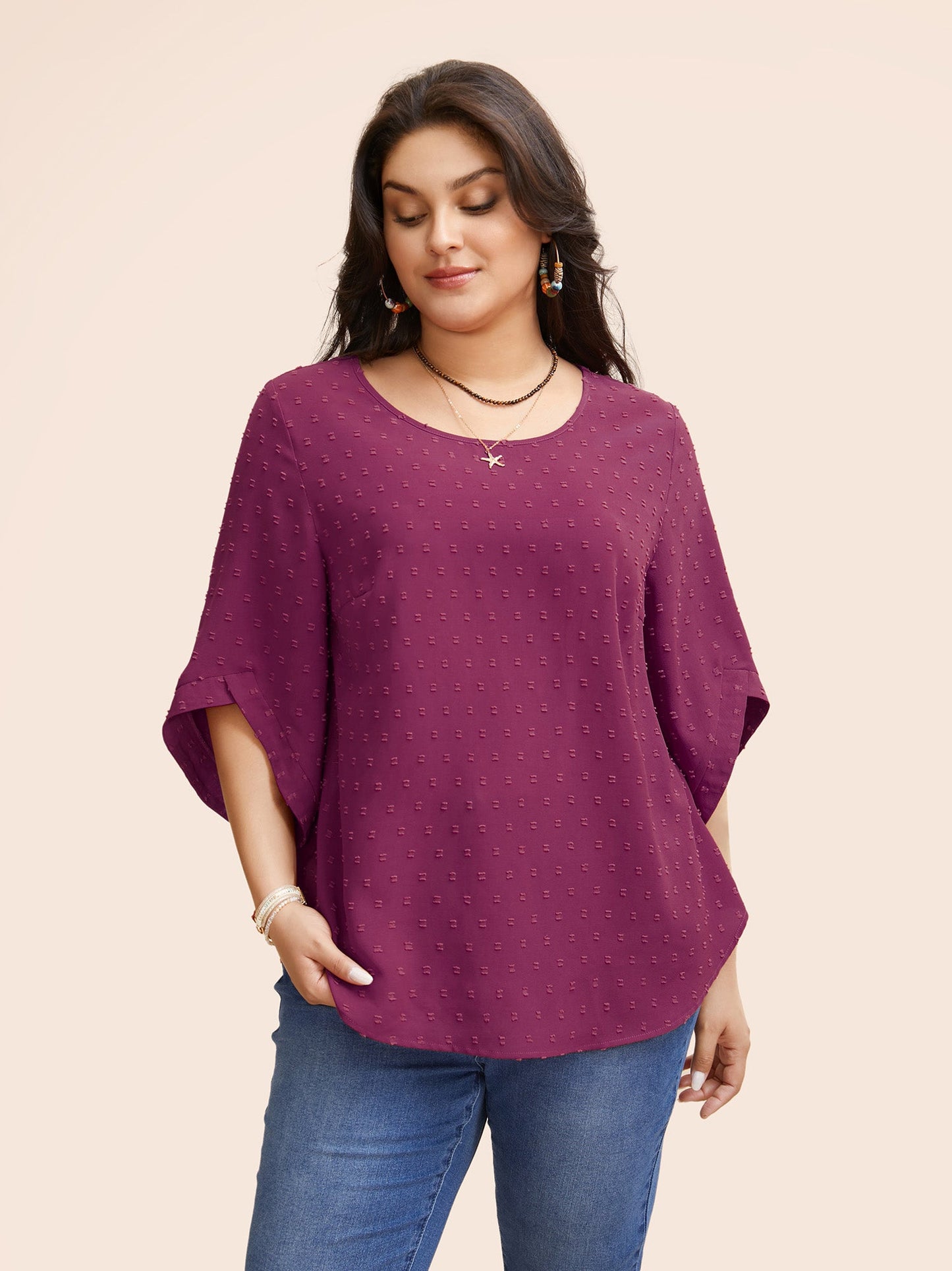 Textured Round Neck Bell Sleeve Blouse