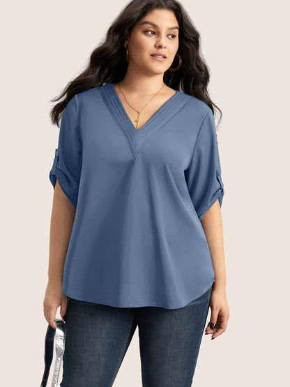 V Neck Plain Pleated Tab Sleeve Blouse