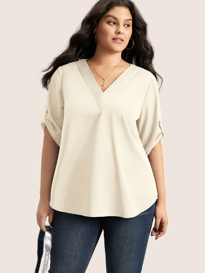 V Neck Plain Pleated Tab Sleeve Blouse