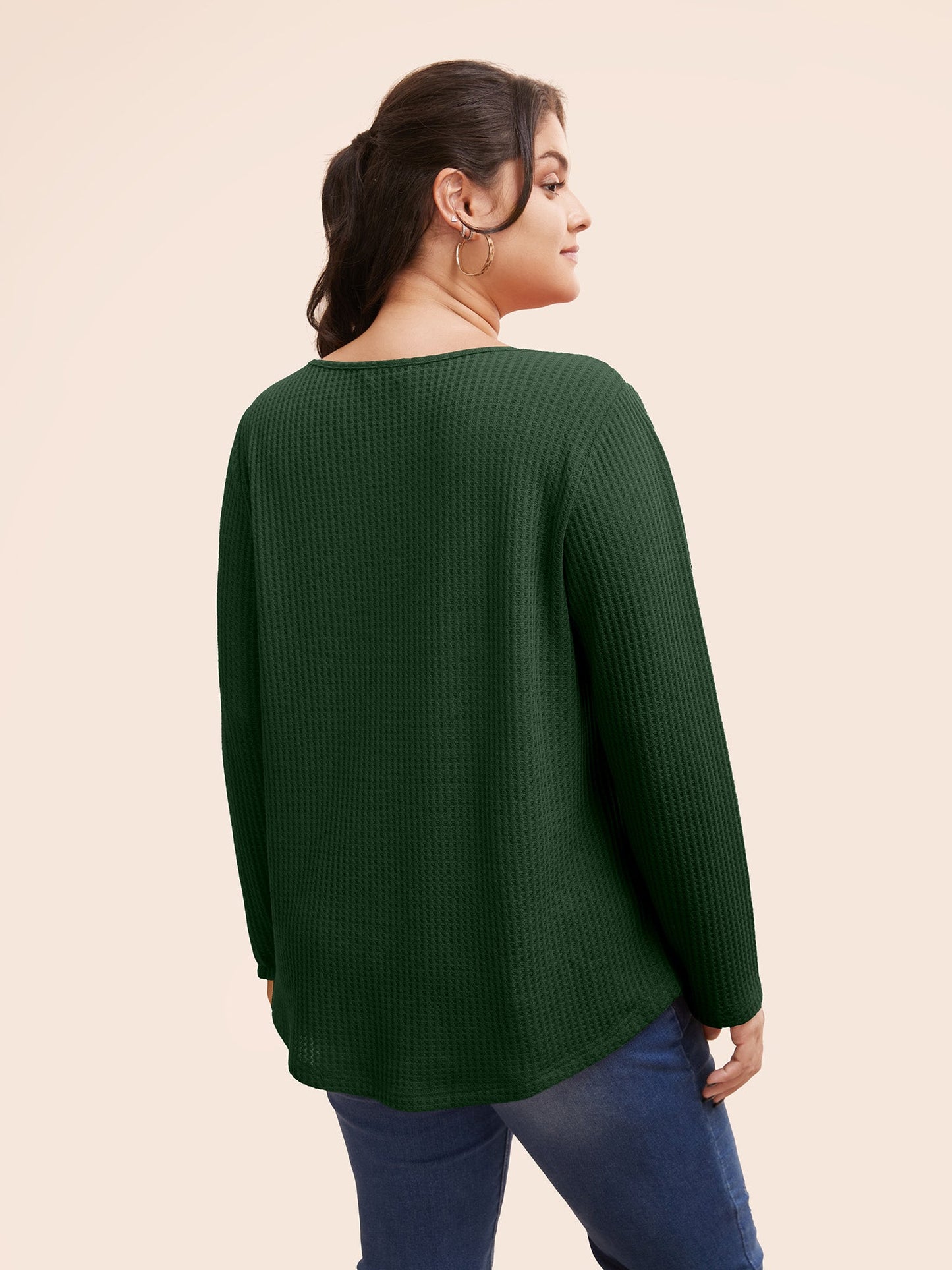 Plain Waffle Knit Scoop Neck Plicated Detail T-shirt