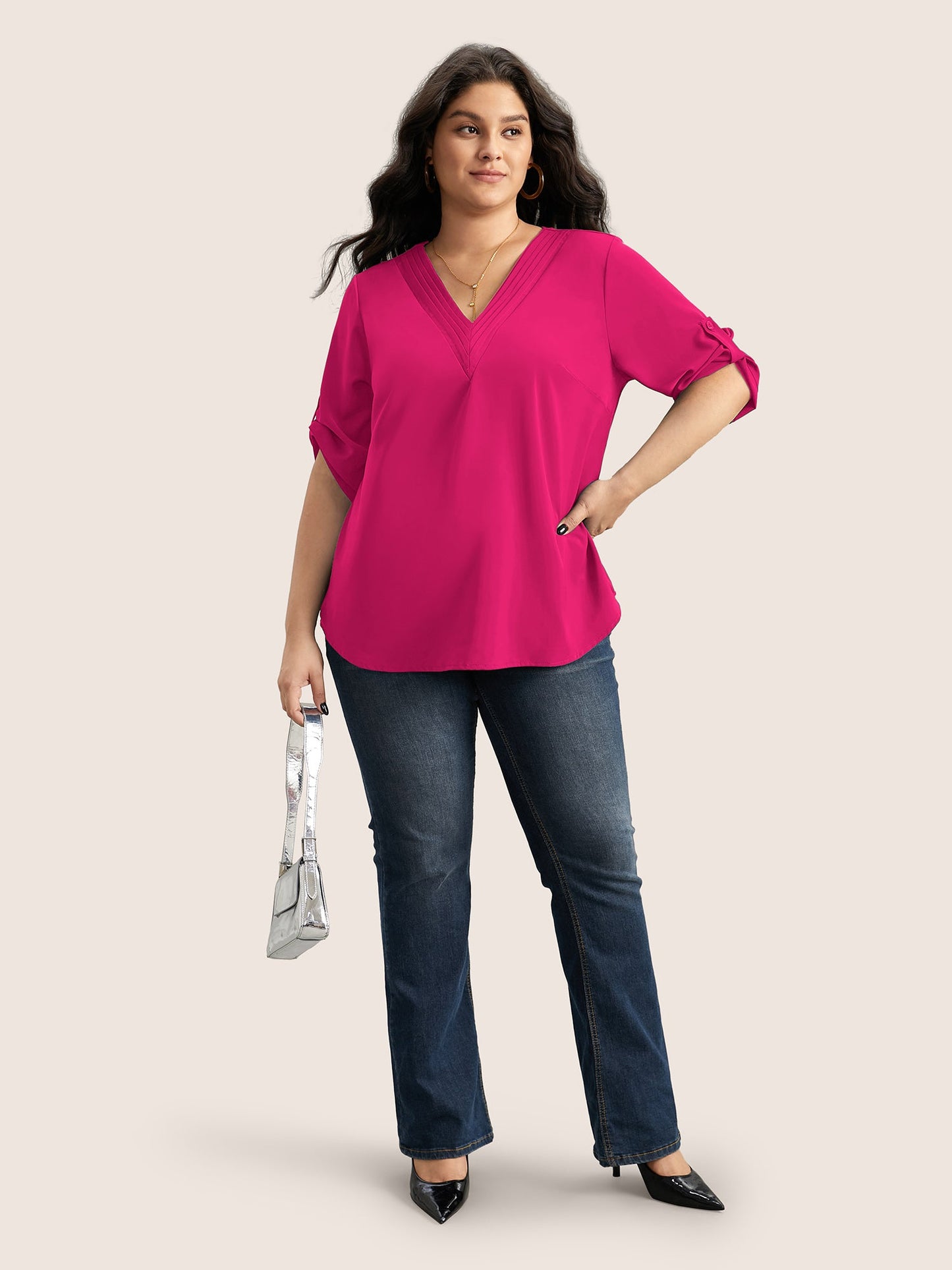 V Neck Plain Pleated Tab Sleeve Blouse