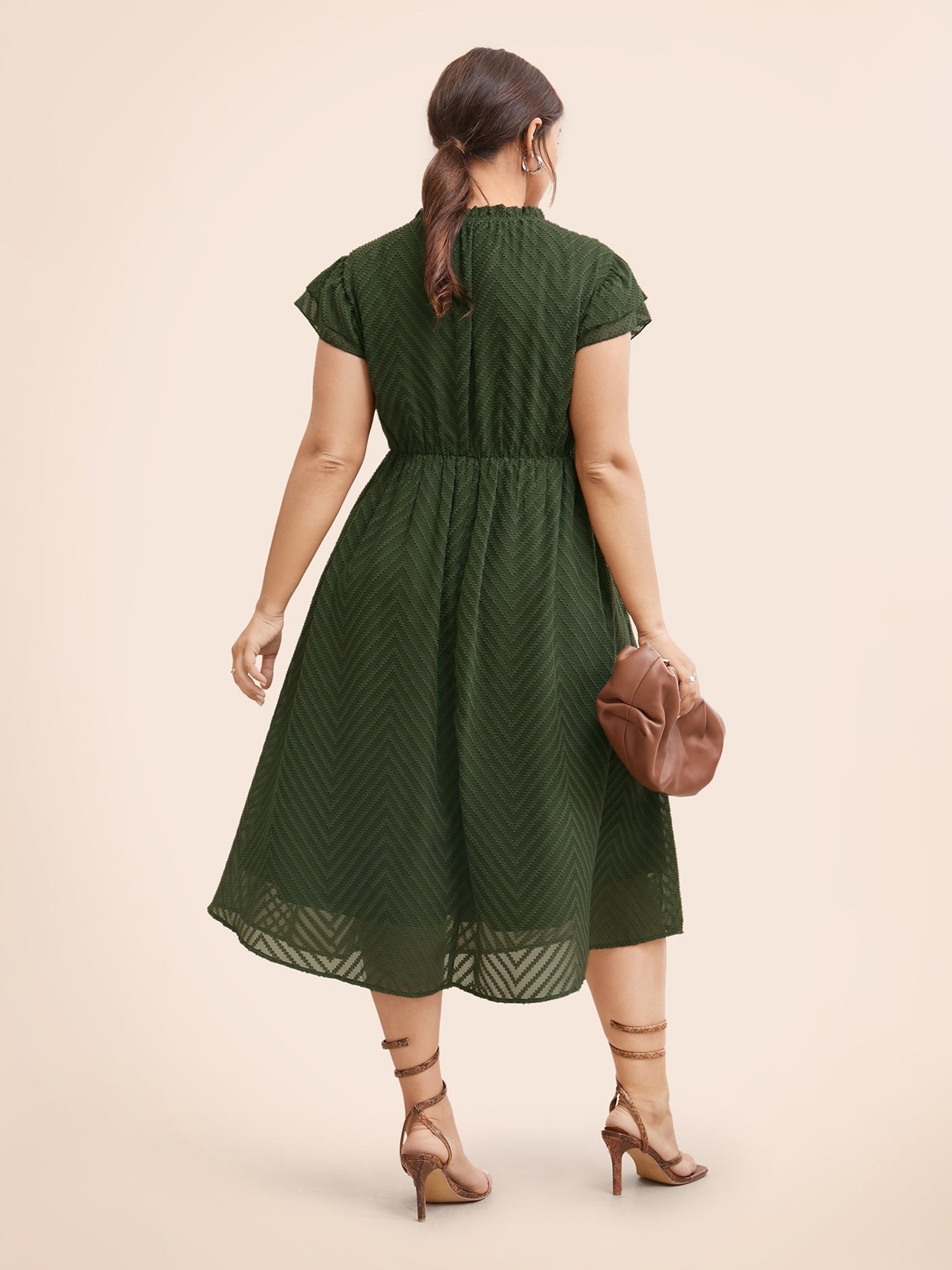 Plain Geometric Layered Sleeve Pocket Ruffle Mock Neck Dress