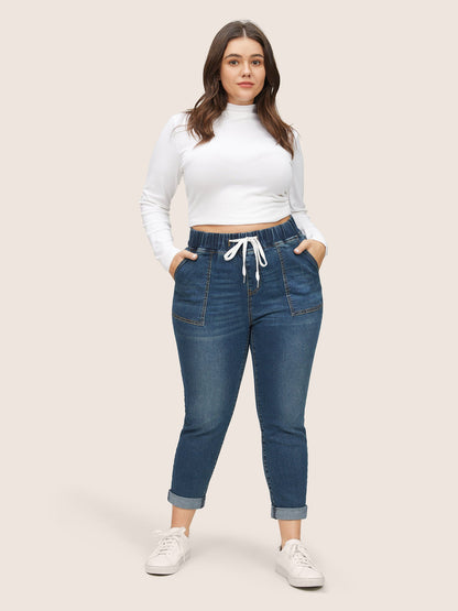 Drawstring Elastic Waist Roll Hem Jeans