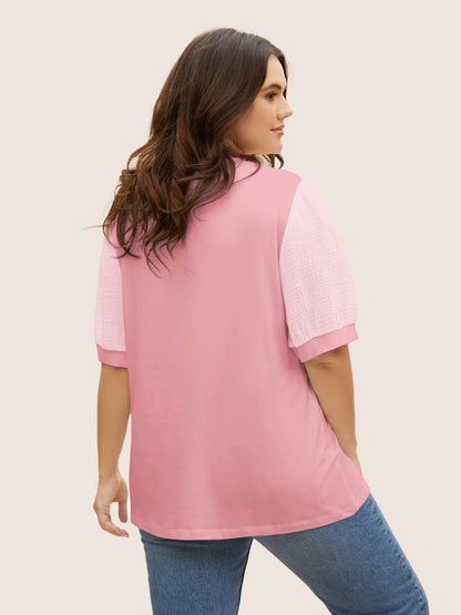 Plain Textured Patchwork Lantern Sleeve T-shirt