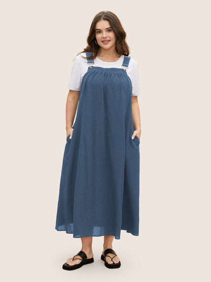 Cotton Solid Adjustable Straps Pocket Midi Dress