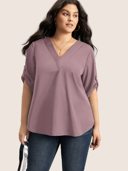 V Neck Plain Pleated Tab Sleeve Blouse