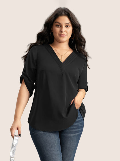 V Neck Plain Pleated Tab Sleeve Blouse