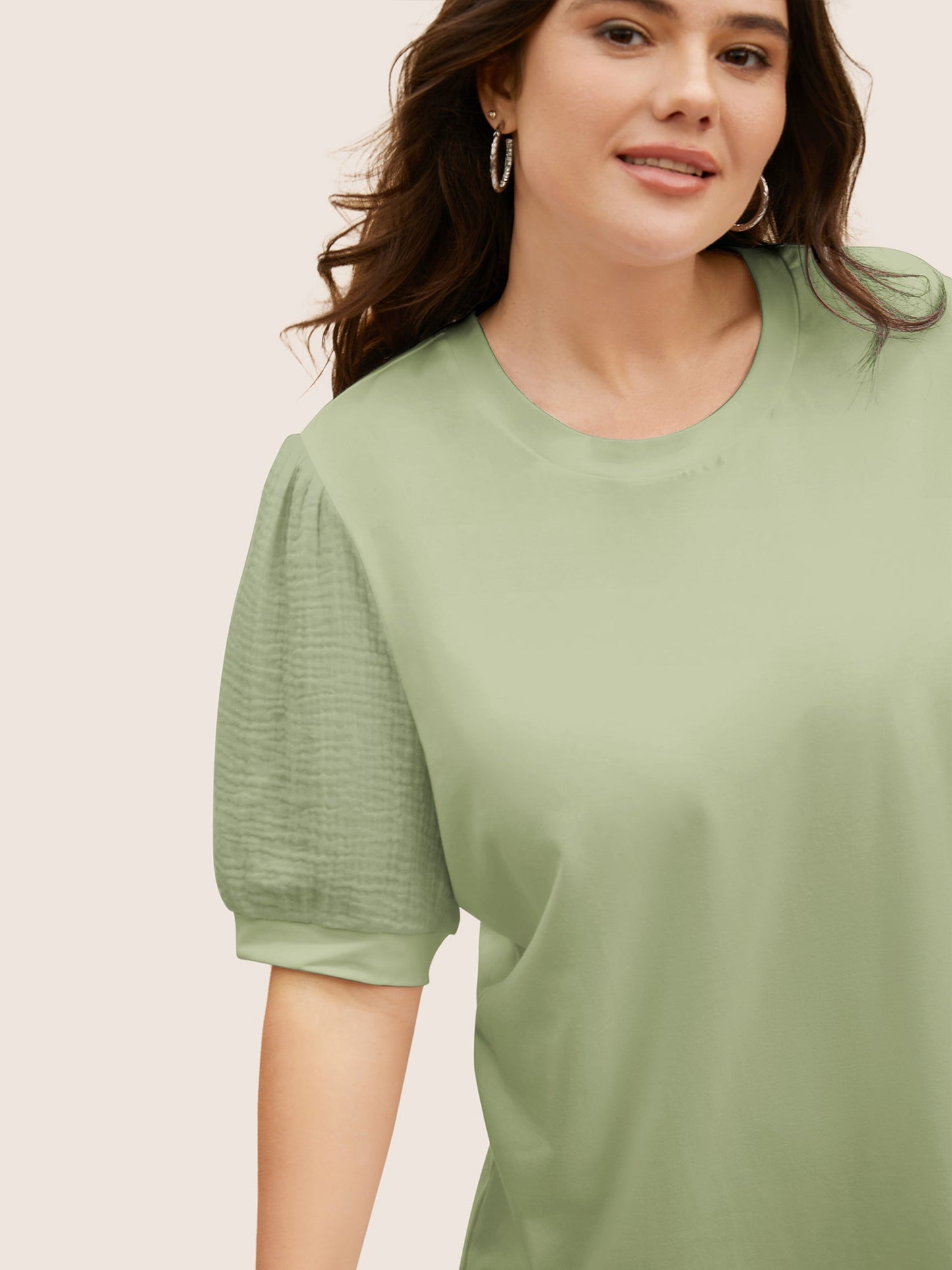 Plain Textured Patchwork Lantern Sleeve T-shirt