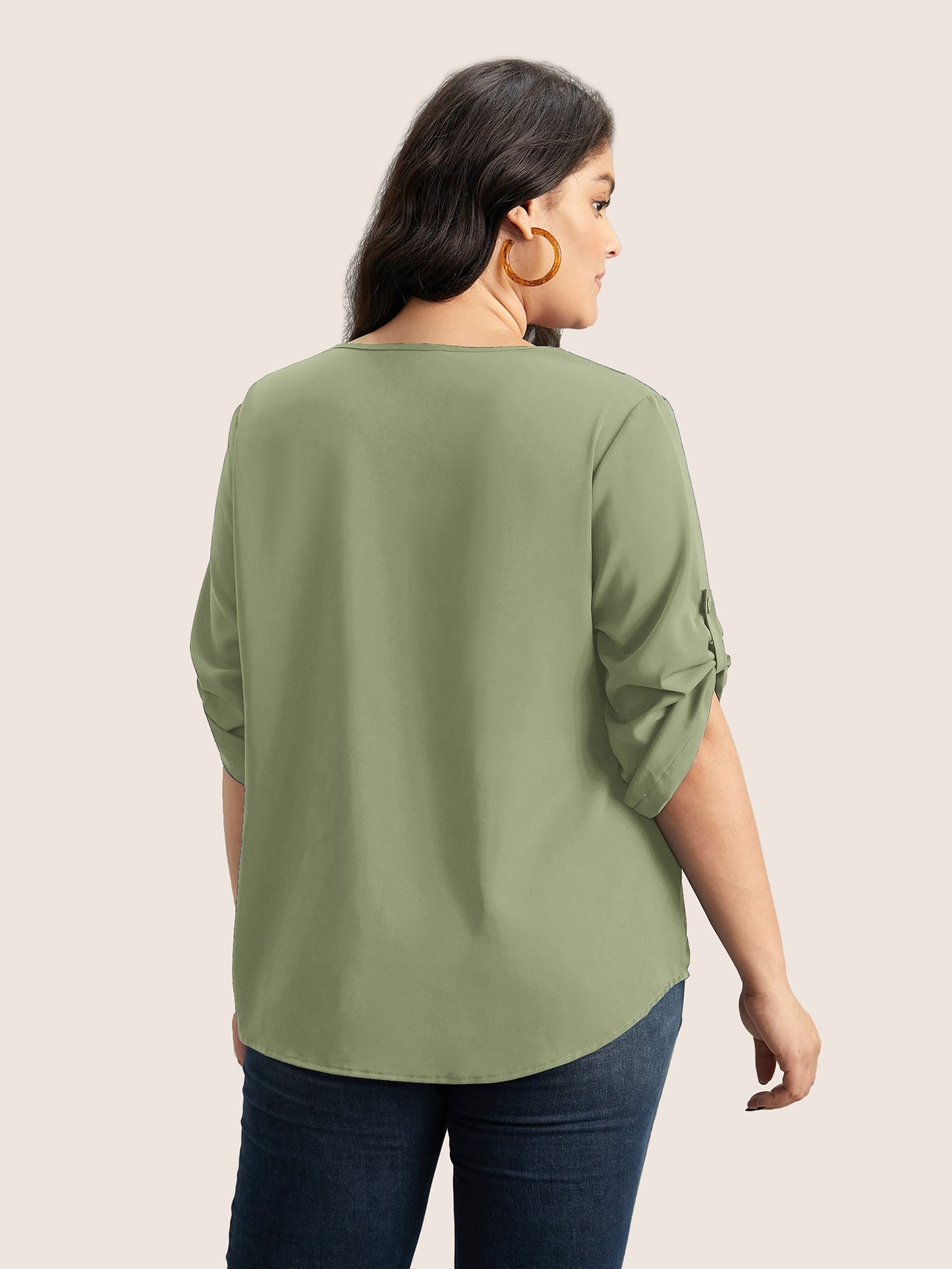 V Neck Plain Pleated Tab Sleeve Blouse