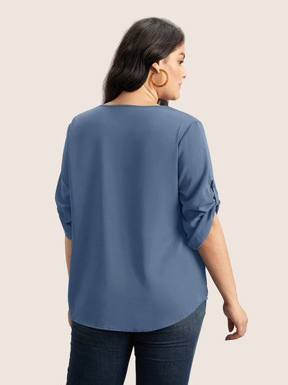 V Neck Plain Pleated Tab Sleeve Blouse